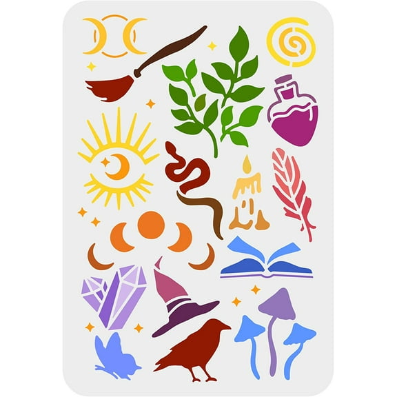 Magic Theme Stencils 11.7x8.3 inch Witch Supplies Stencils Moon Phases Star Devil's Eye Templates Snake Candle Bird Butterfly Leaves Pattern Stencils Witch Board Stencil for Painting