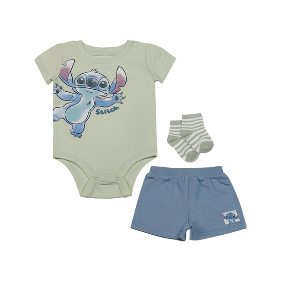 Disney Clothes Baby Boys 3-Piece Outfit Set – Stitch Bodysuit, Shorts & Socks – Soft Cotton Newborn Infant Gift Green/Blue 6/9M