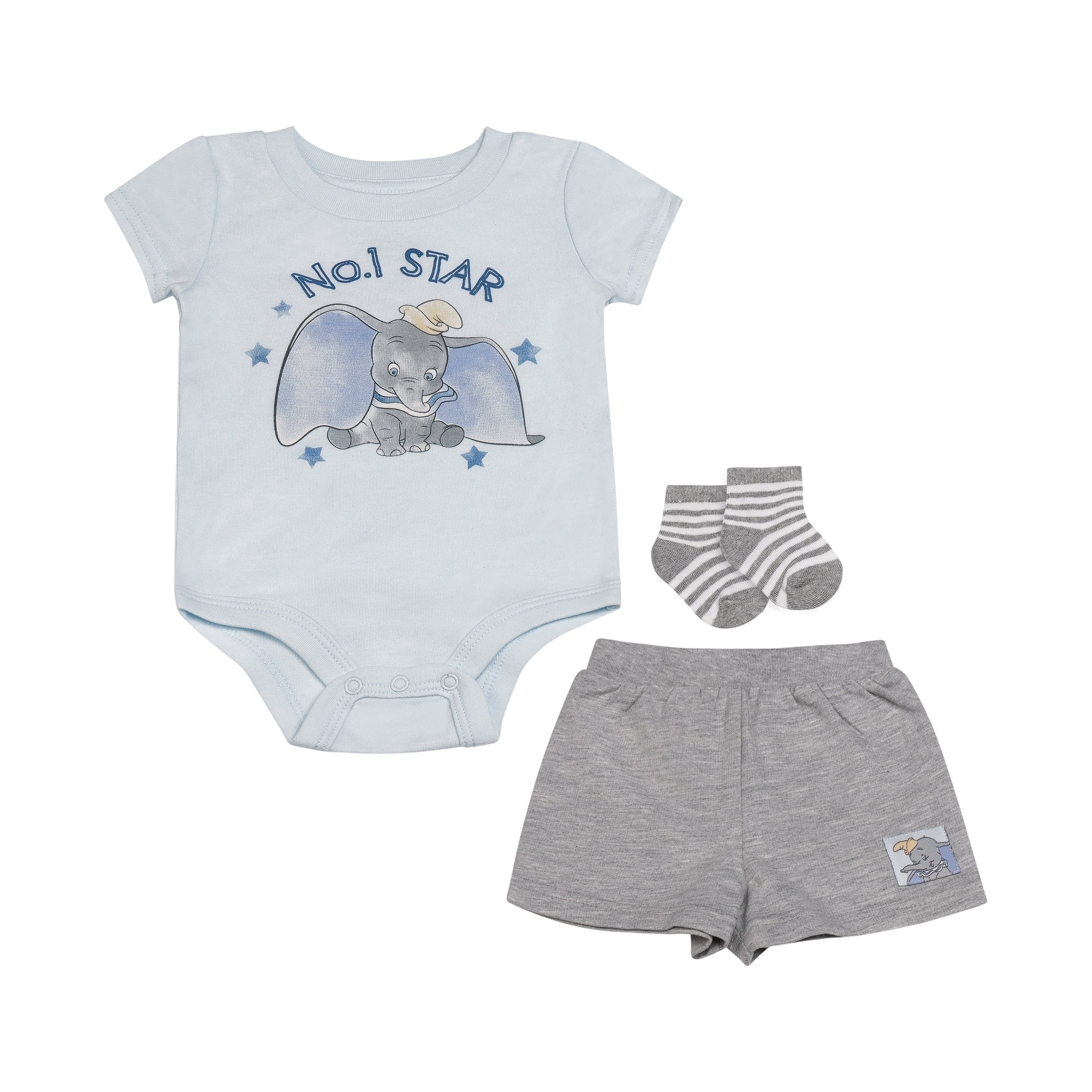 Disney Clothes Baby Boys 3-Piece Outfit Set – Dumbo Bodysuit, Shorts & Socks – Soft Cotton Newborn Infant Gift Blue/Gray 6/9M