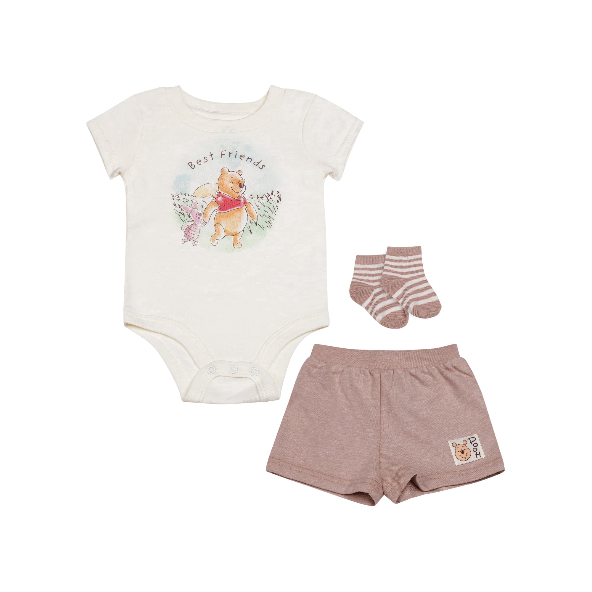 Disney Clothes Baby Boys 3-Piece Outfit Set – Winnie the Pooh Bodysuit, Shorts & Socks – Soft Cotton Newborn Infant Gift Beige 3/6M