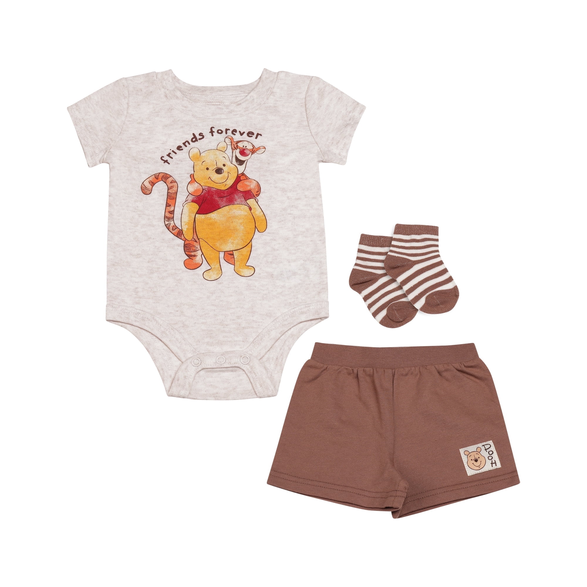 Disney Clothes Baby Boys 3-Piece Outfit Set – Winnie the Pooh Bodysuit, Shorts & Socks – Soft Cotton Newborn Infant Gift Brown 3/6M