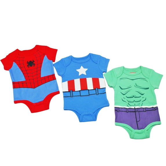 Disney Clothes Baby Boys 3-Pack Bodysuits – Avengers Newborn Outfit Set (Red/Blue/Green) – 3/6M
