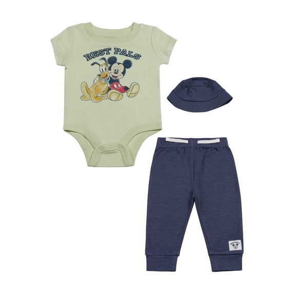 Disney Clothes Baby Boys 3-Piece Pant Set with Hat – Mickey Mouse Bodysuit, Pants & Hat Set (Green/Blue) 3/6M