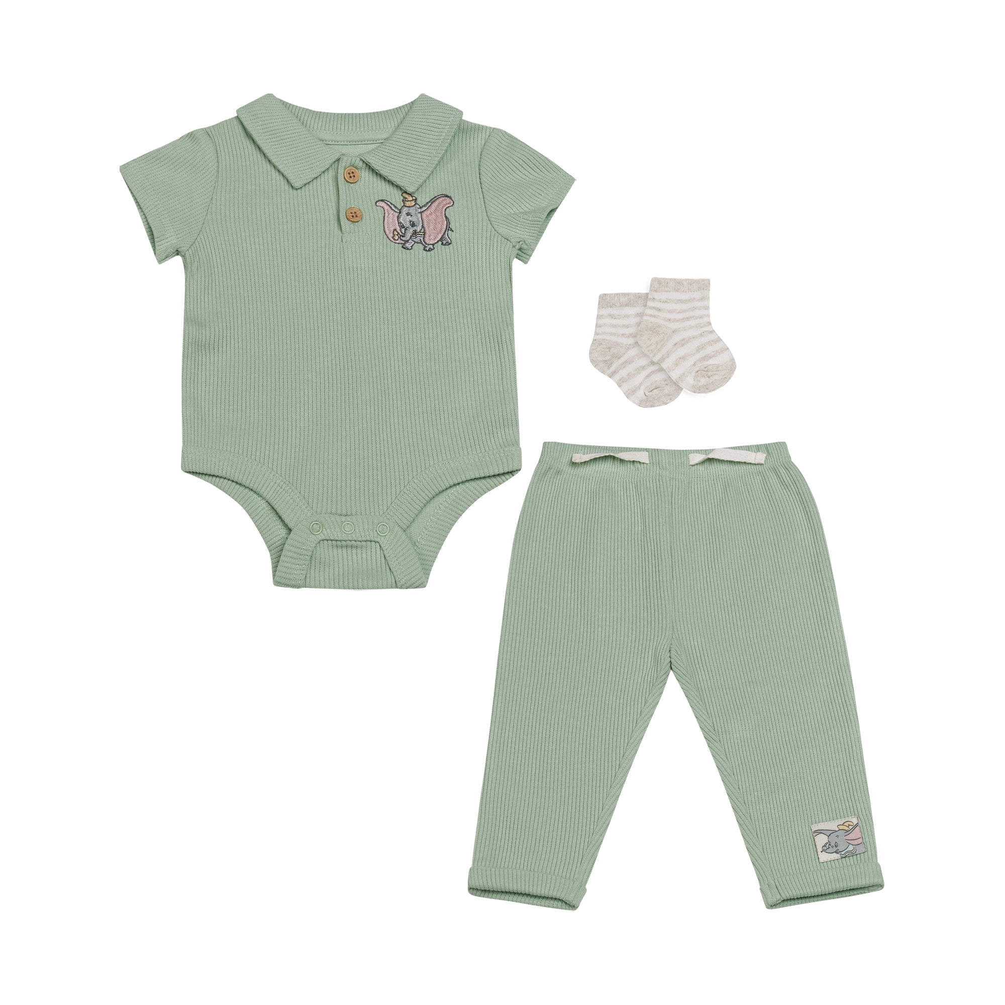 Disney Baby Boys 3-Piece Rib Pant Set – Short Sleeve Polo Bodysuit, Ribbed Jogger Pants & Socks Dumbo Green 3/6M