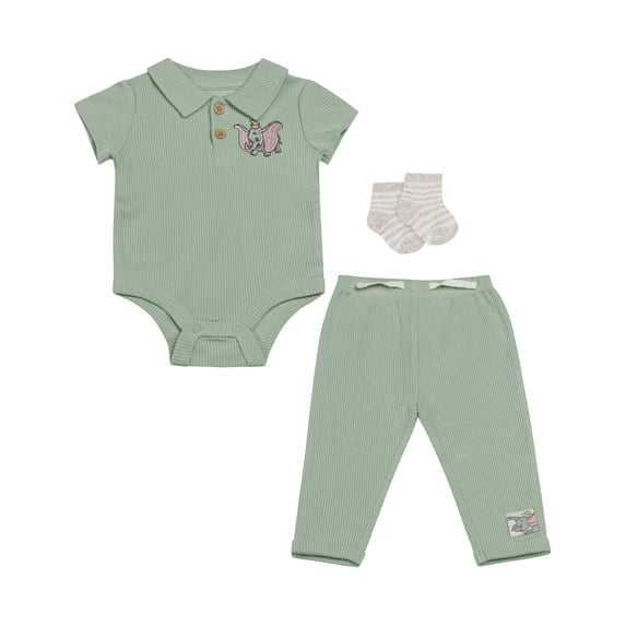 Disney Baby Boys 3-Piece Rib Pant Set – Short Sleeve Polo Bodysuit, Ribbed Jogger Pants & Socks Dumbo Green 6/9M