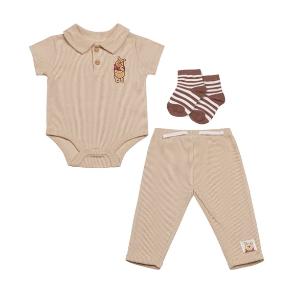 Disney Baby Boys 3-Piece Rib Pant Set – Short Sleeve Polo Bodysuit, Ribbed Jogger Pants & Socks – Mickey Mouse, Winnie the Pooh & Dumbo – Sizes (0-9M)