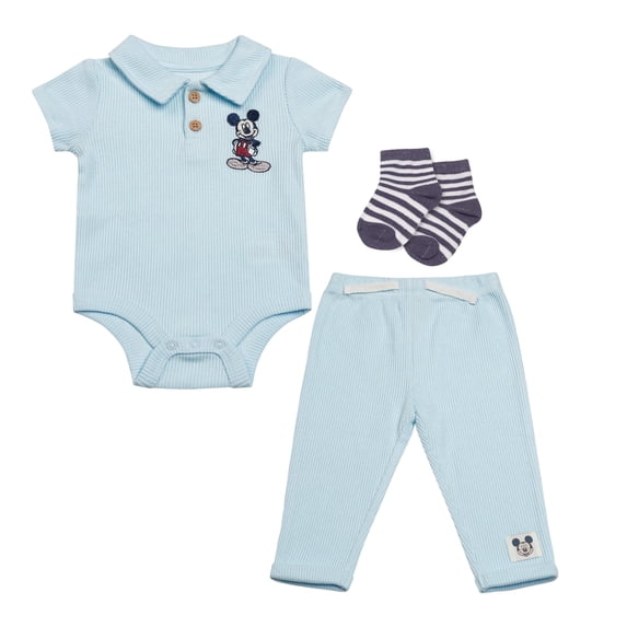 Disney Baby Boys 3-Piece Rib Pant Set – Short Sleeve Polo Bodysuit, Ribbed Jogger Pants & Socks – Mickey Mouse, Winnie the Pooh & Dumbo – Sizes (0-9M)