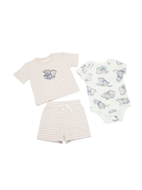 Clothes Baby Boys 3-Piece Short Set – Dumbo T-Shirt, Bodysuit & Shorts (Orange/White) – 0/3M