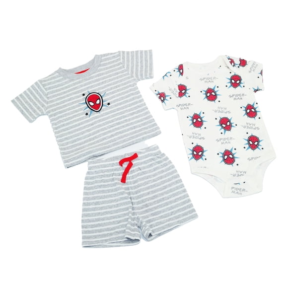 Disney Clothes Baby Boys 3-Piece Short Set – Spider-Man T-Shirt, Bodysuit & Shorts (Grey/White) – 3/6M