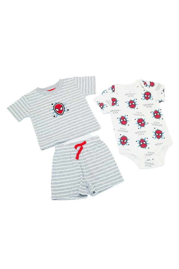 Clothes Baby Boys 3-Piece Short Set – Spider-Man T-Shirt, Bodysuit & Shorts (Grey/White) – 3/6M