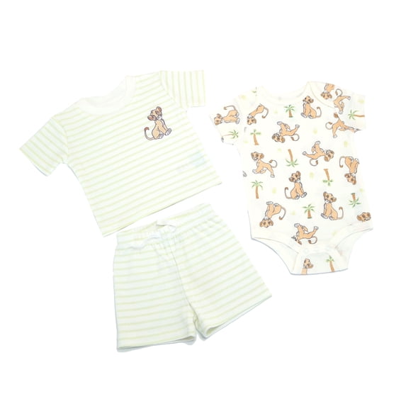 Disney Clothes Baby Boys 3-Piece Short Set – The Lion King T-Shirt, Bodysuit & Shorts (Green/White) – 6/9M