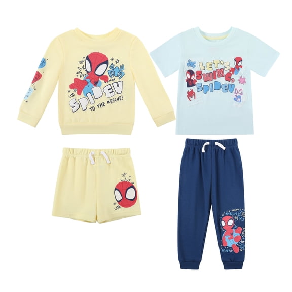 Disney Clothes Baby Boys 4-Piece Set – Spider-Man Outfit Set with Pullover, Tee, Shorts & Pants (Yellow/Blue) – 18M