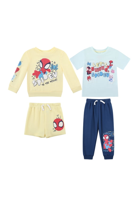 Clothes Baby Boys 4-Piece Set – Spider-Man Outfit Set with Pullover, Tee, Shorts & Pants (Yellow/Blue) – 18M