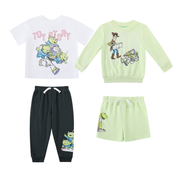 Disney Clothes Baby Boys 4-Piece Set – Disney Pixar Toy Story Outfit Set with Pullover, Tee, Shorts & Pants (Green/Black/White) – 12M