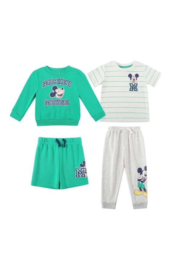 Clothes Baby Boys 4-Piece Set – Mickey Mouse Outfit Set with Pullover, Tee, Shorts & Pants (Green/Grey) – 12M