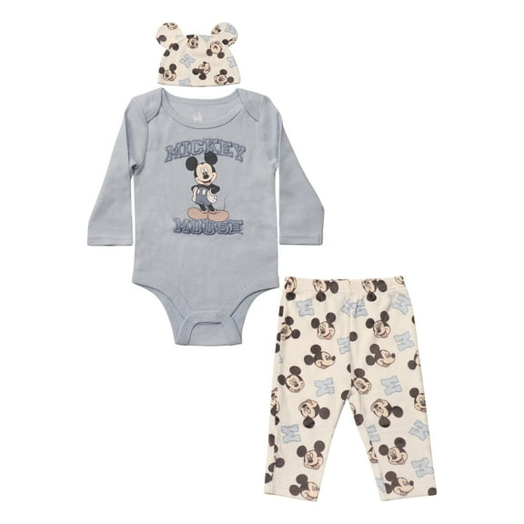 Disney Clothes Baby Boys Bodysuit, Pants & Hat 3-Piece Outfit Set – Mickey Mouse, Lion King, Stitch, Pooh, Cars, & Spiderman (0/3M–6/9M)