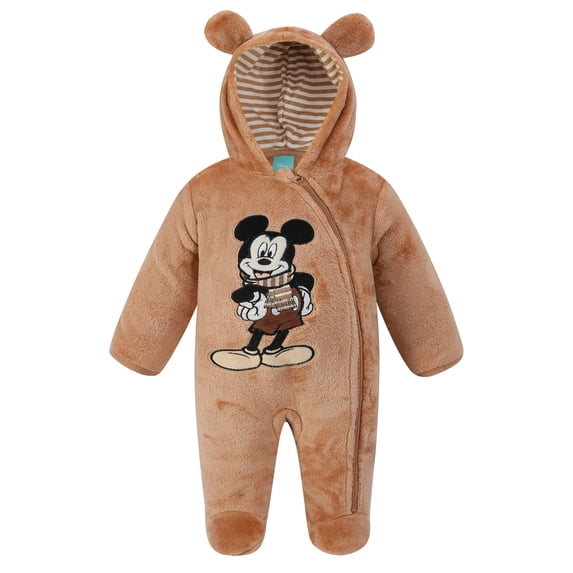 Disney Clothes Baby Boys Pram One-Piece – Mickey Mouse Soft Hooded Cozy Outfit Beige 3/6M