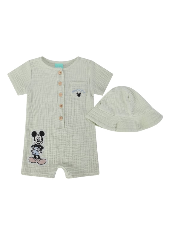 Clothes Baby Boys Woven Gauze Romper with Hat – Mickey Mouse Soft Cotton Newborn Infant Outfit Green 6/9M