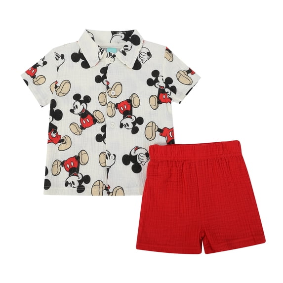 Disney Clothes Baby Boys Woven Gauze Short Set, Soft Cotton 2-Piece Summer Outfit Mickey Mouse White/ Red 4T