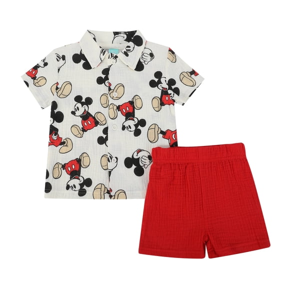 Disney Clothes Baby Boys Woven Gauze Short Set, Soft Cotton 2-Piece Summer Outfit Mickey Mouse White/ Red 4T