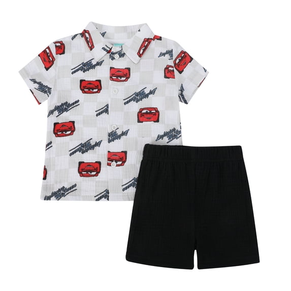 Disney Clothes Baby Boys Woven Gauze Short Set, Soft Cotton 2-Piece Summer Outfit Cars Gray/ Black 12M