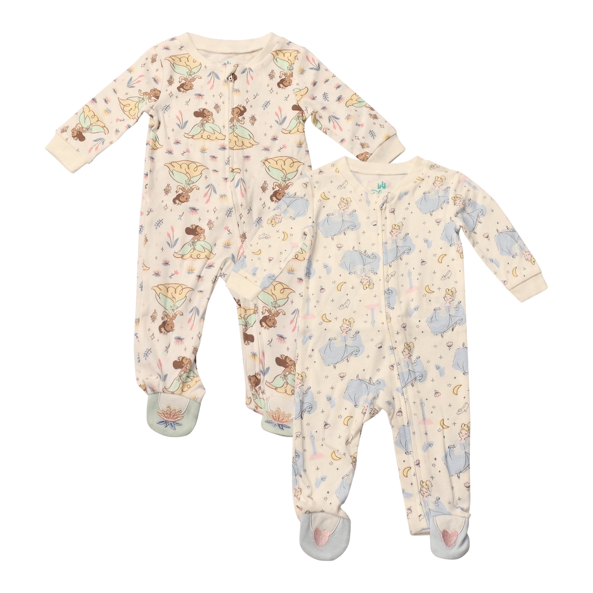 Disney Clothes Baby Girls 2-Pack Quilted Footie Coveralls - Minnie Mouse, Princess Cinderella and Tiana Bodysuits (0/3M-6/9M)