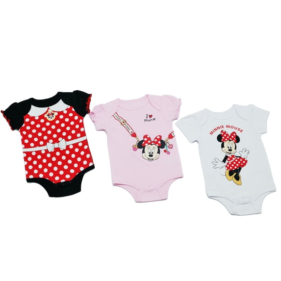 Disney Clothes Baby Girls 3-Pack Bodysuits – Minnie Mouse Short Sleeve Outfit Set (Black/White/Red) – 0/3M