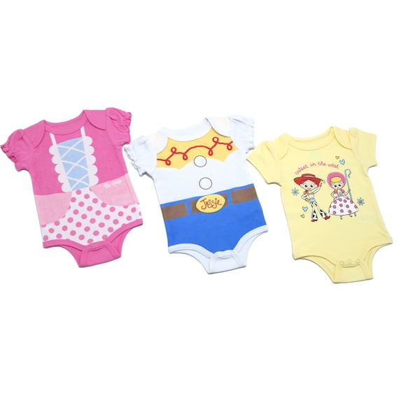 Disney Clothes Baby Girls 3-Pack Bodysuits – Disney Pixar Toy Story Short Sleeve Outfit Set (Pink/Yellow/White) – 3/6M