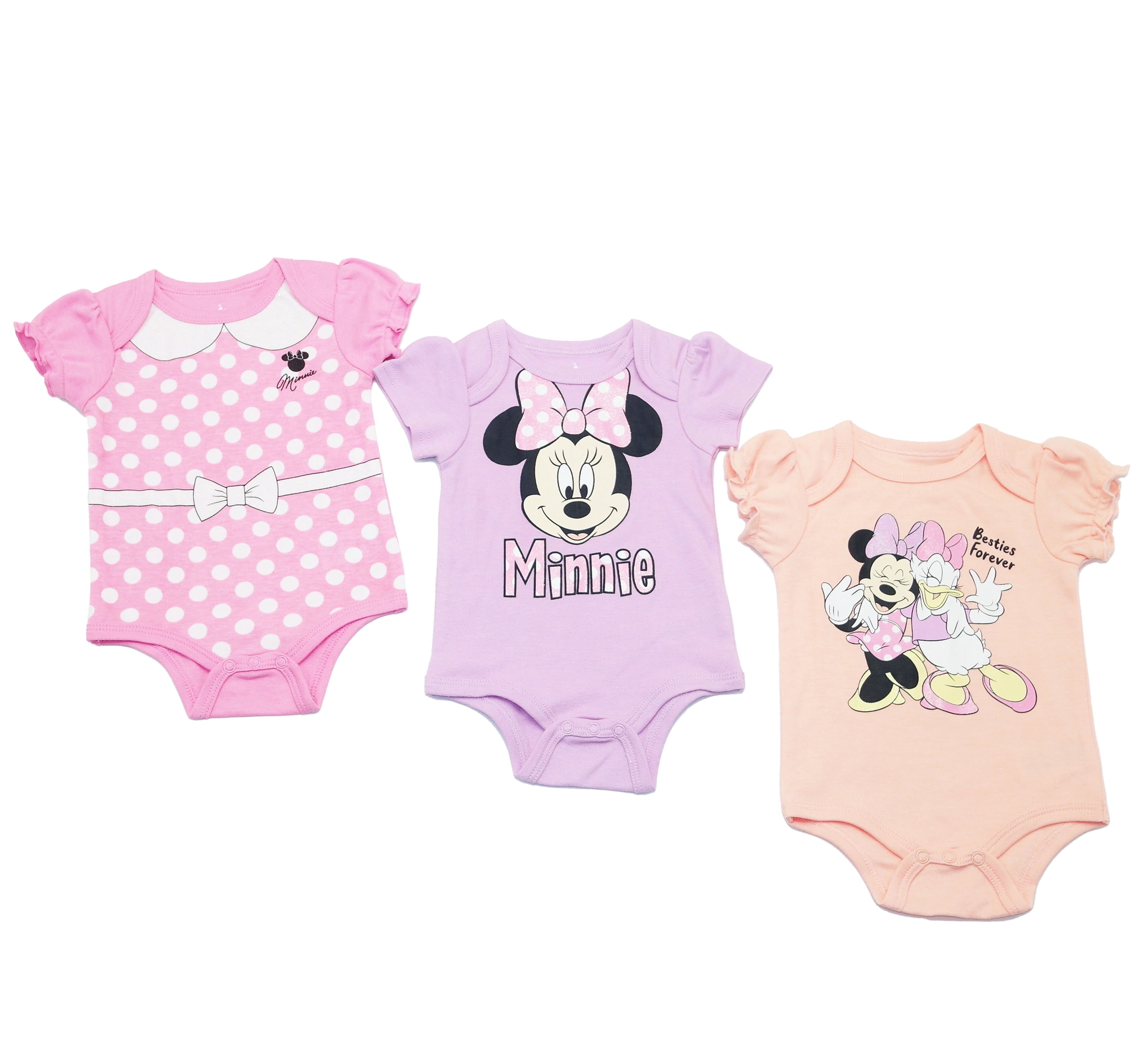 Disney Clothes Baby Girls 3-Pack Bodysuits – Minnie Mouse Short Sleeve Outfit Set (Pink/Purple) – 0/3M
