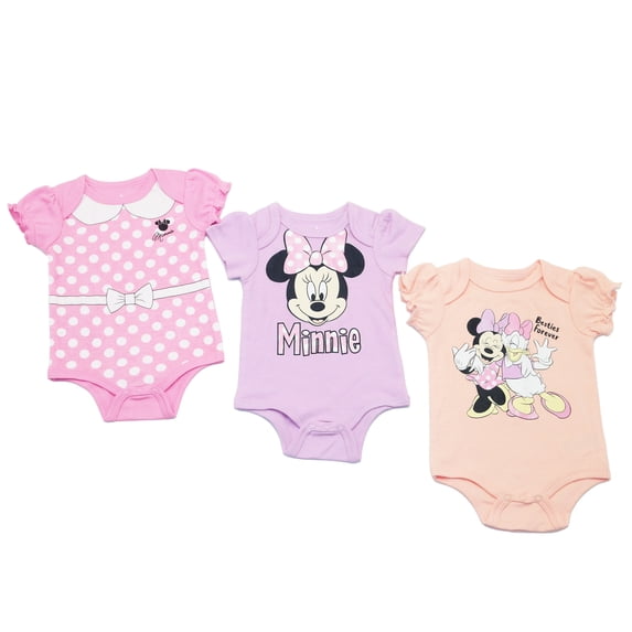Disney Clothes Baby Girls 3-Pack Bodysuits – Minnie Mouse Short Sleeve Outfit Set (Pink/Purple) – 0/3M
