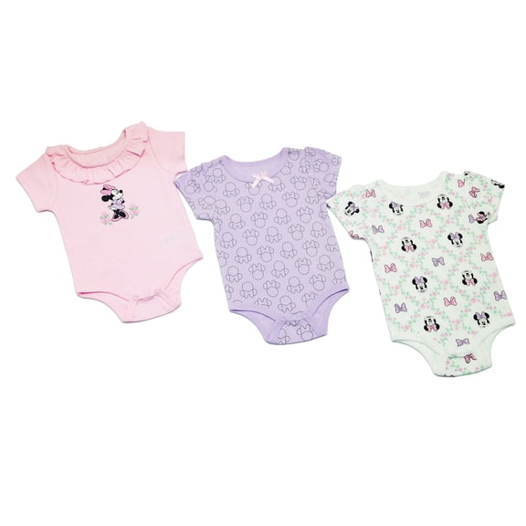 Disney Clothes Baby Girls 3-Pack Bodysuits – Minnie Mouse & Winnie the Pooh Outfits Set with Short Sleeves, Soft Fabric & Snap Closures (0M–9M)