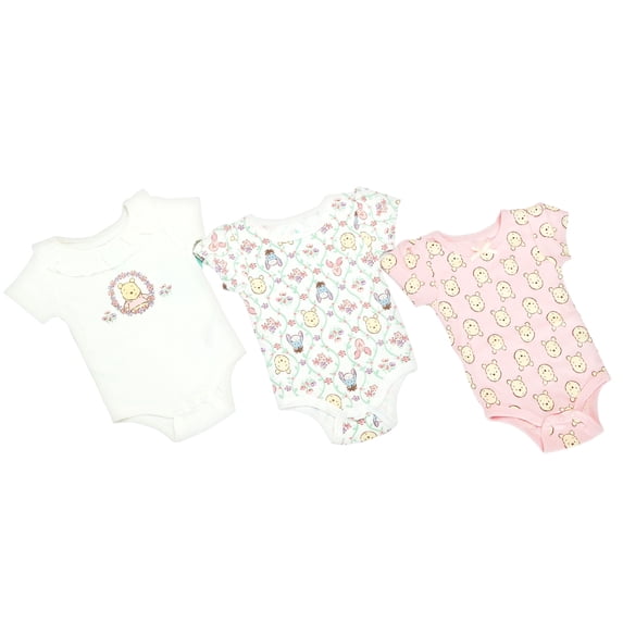 Disney Clothes Baby Girls 3-Pack Bodysuits – Winnie the Pooh Short Sleeve Bodysuit Set (Tan/White/Pink) 3/6M
