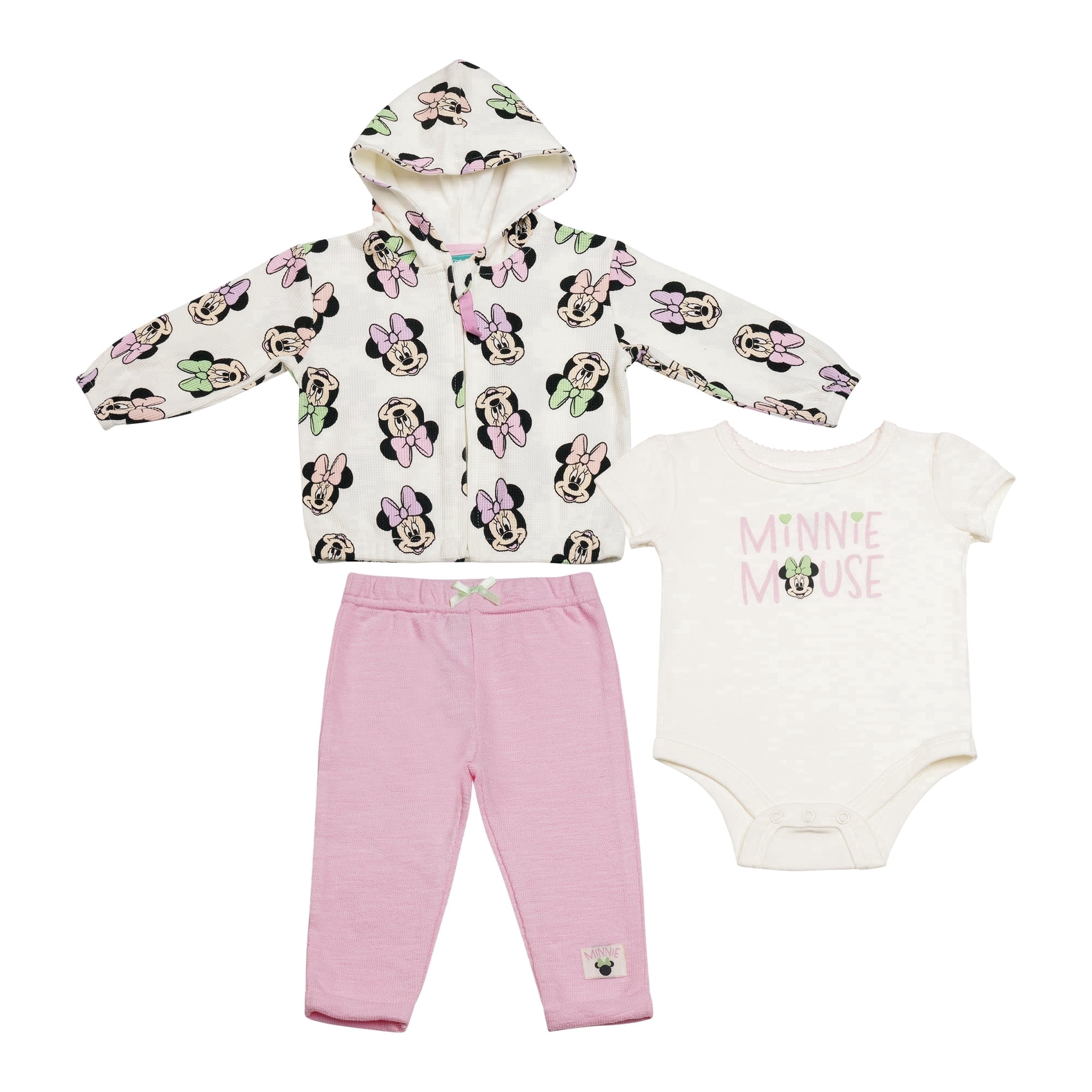 Disney Clothes Baby Girls 3-Piece Layette Set – Minnie Mouse Outfit with Hooded Jacket, Bodysuit & Pants (Pink/White) – 3/6M