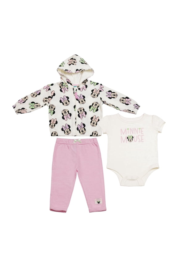 Clothes Baby Girls 3-Piece Layette Set – Minnie Mouse Newborn Outfit Set with Hooded Jacket, Short Sleeve Bodysuit & Pants (Sizes 0/3M–6/9M)