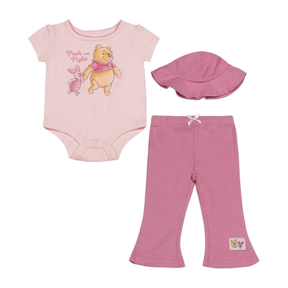 Disney Clothes Baby Girls 3-Piece Pant Set with Hat – Winnie the Pooh Bodysuit, Pants & Hat Set (Pink) 0/3M