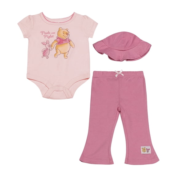 Disney Clothes Baby Girls 3-Piece Pant Set with Hat – Winnie the Pooh Bodysuit, Pants & Hat Set (Pink) 0/3M
