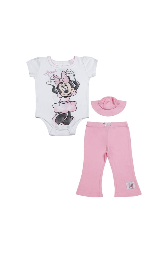 Clothes Baby Girls 3-Piece Pant Set with Hat – Minnie Mouse Bodysuit, Pants & Hat Set (White/Pink) 6/9M