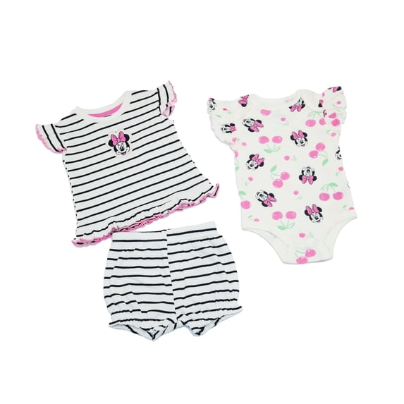 Disney Clothes Baby Girls 3-Piece Short Set – Minnie Mouse Outfit (White/Black) – 0/3M