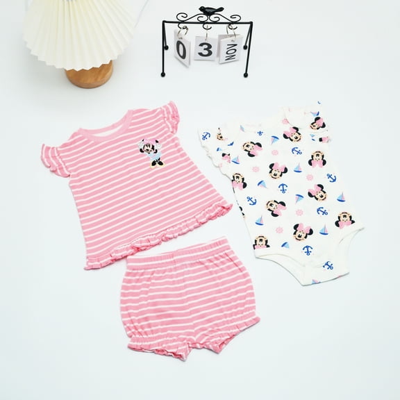 Disney Clothes Baby Girls 3-Piece Short Set – Aristocats Marie, Winnie the Pooh, Minnie Mouse, Lilo & Stitch & Bambi Newborn Outfit Set (0M–24M)