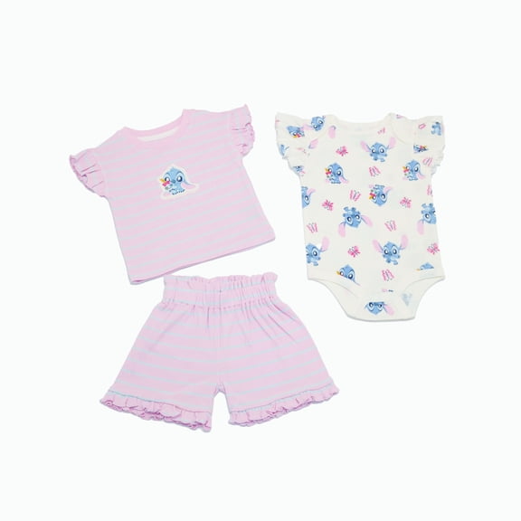Disney Clothes Baby Girls 3-Piece Short Set – Aristocats Marie, Winnie the Pooh, Minnie Mouse, Lilo & Stitch & Bambi Newborn Outfit Set (0M–24M)