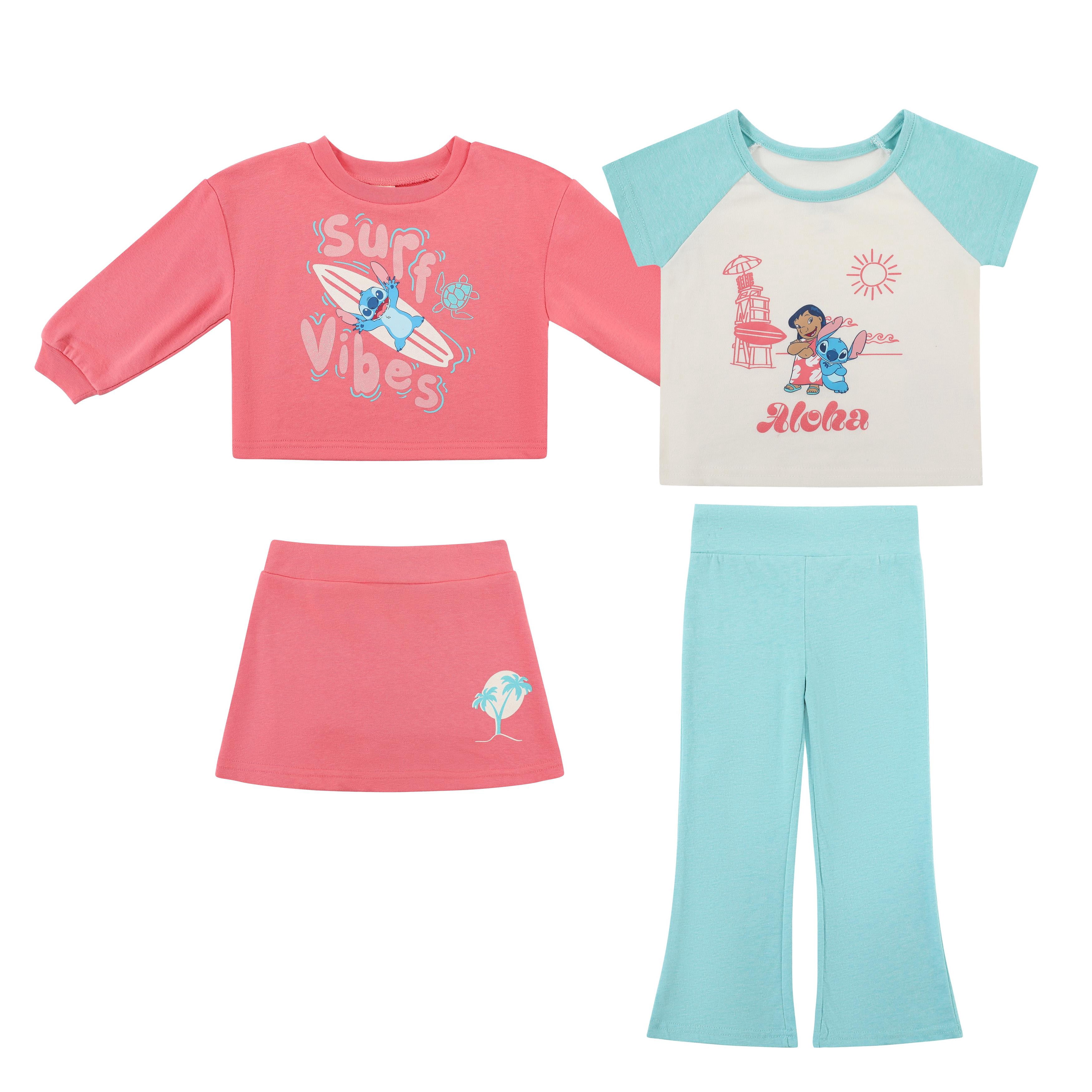 Disney Clothes Baby Girls 4-Piece Set – Lilo & Stitch Pullover, Tee, Shorts & Pants (Salmon/Blue) 18M