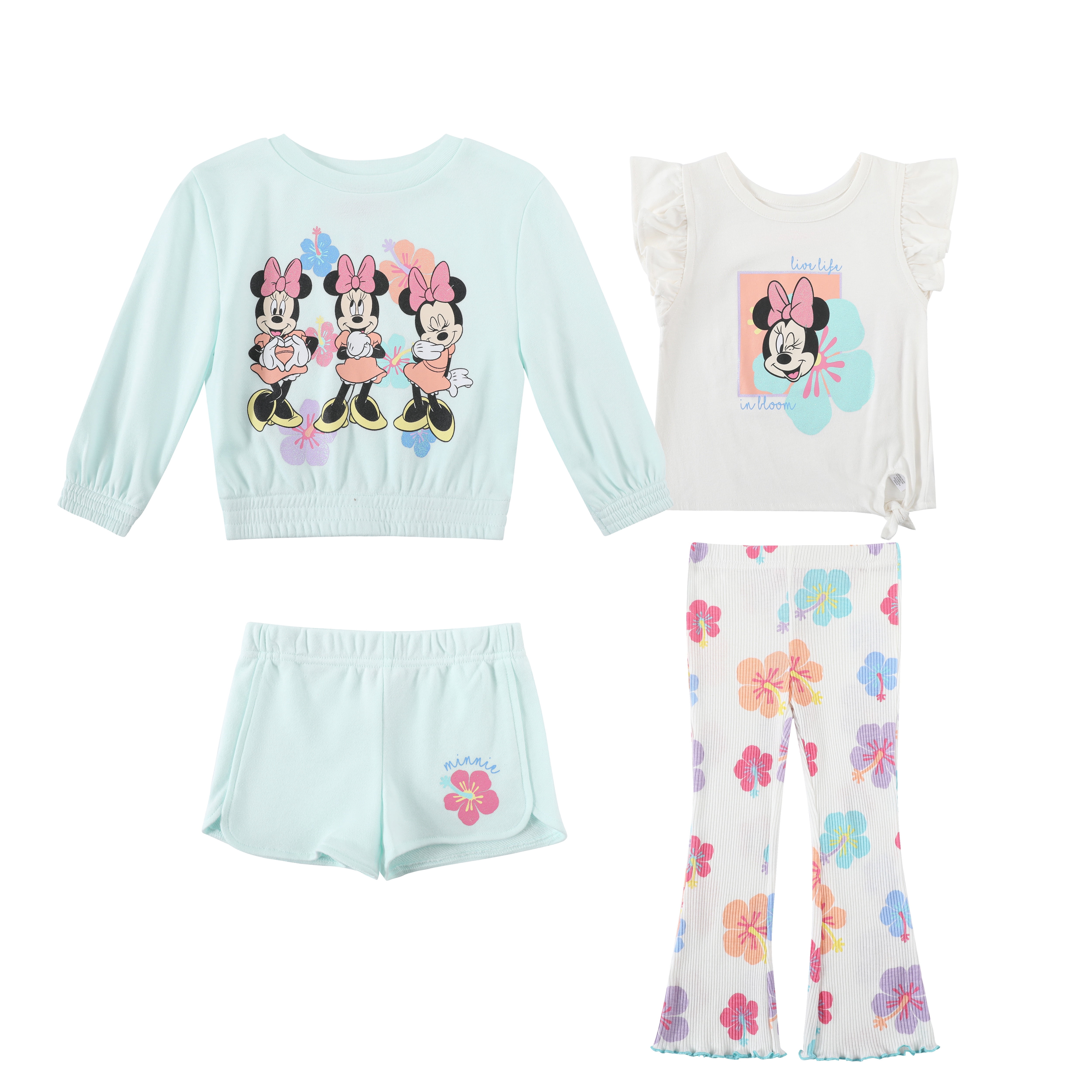 Disney Clothes Baby Girls 4-Piece Set – Minnie Mouse Pullover, Tee, Shorts & Pants (Blue/White) 18M