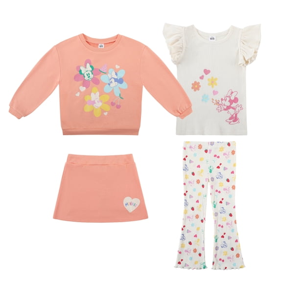Disney Clothes Baby Girls 4-Piece Set – Minnie Mouse Pullover, Tee, Shorts & Pants (Orange/Tan) 18M