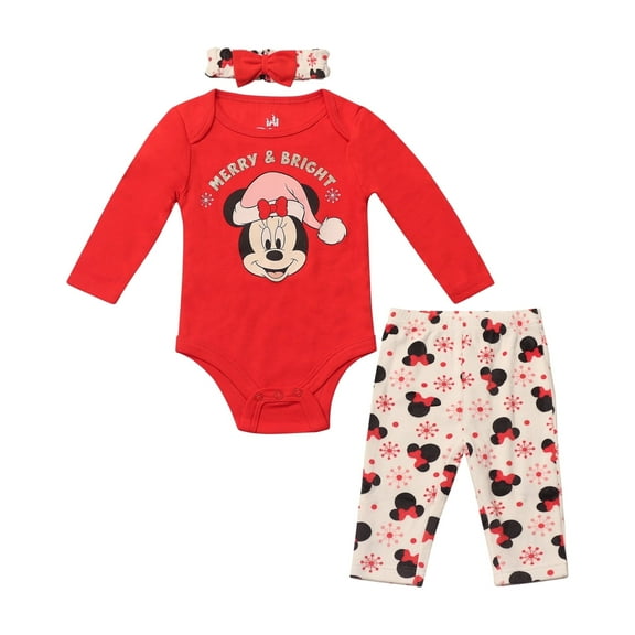 Disney Clothes Baby Girls Bodysuit, Pants & Headband 3-Piece Outfit Set – Minnie Mouse, Bambi, Marie & Tinkerbell (0/3M–6/9M)