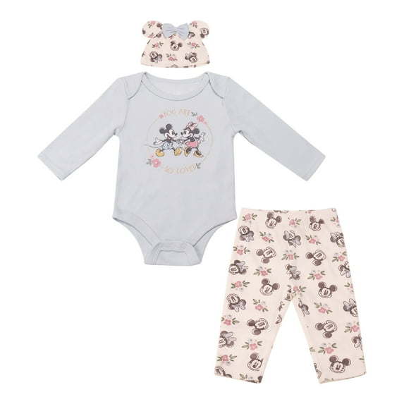Disney Clothes Baby Girls Bodysuit, Pants & Headband 3-Piece Outfit Set – Minnie Mouse, Bambi, Marie & Tinkerbell (0/3M–6/9M)