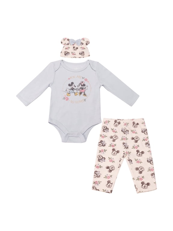 Clothes Baby Girls Bodysuit, Pants & Headband 3-Piece Outfit Set – Minnie Mouse, Bambi, Marie & Tinkerbell (0/3M–6/9M)