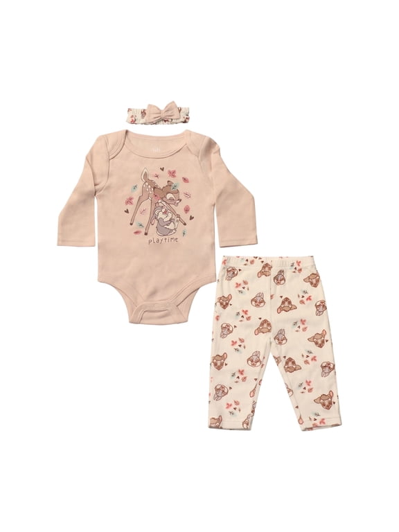 Clothes Baby Girls Bodysuit, Pants & Headband 3-Piece Outfit Set – Minnie Mouse, Bambi, Marie & Tinkerbell (0/3M–6/9M)