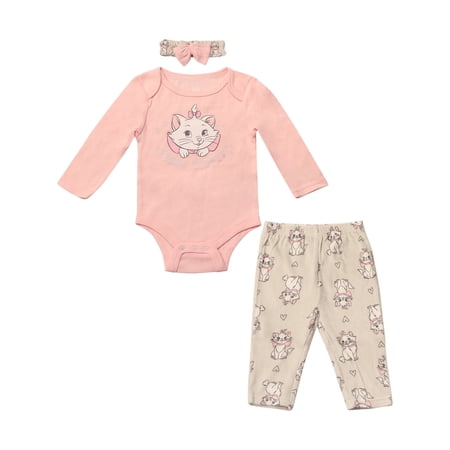 Disney Clothes Baby Girls Bodysuit, Pants & Headband 3-Piece Outfit Set – Minnie Mouse, Bambi, Marie & Tinkerbell (0/3M–6/9M)