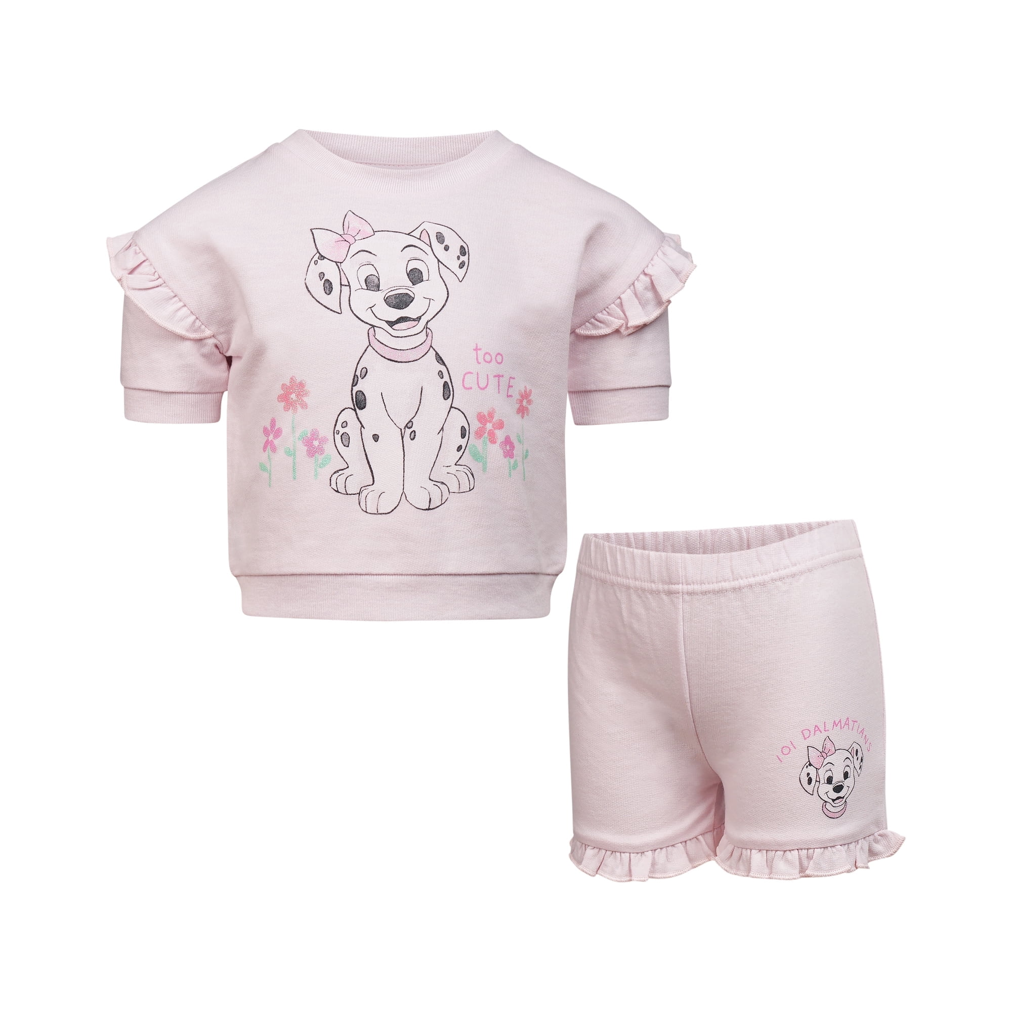 Disney Clothes Baby Girls Front Back 2-Piece Short Outfit Set – Includes Tee & Shorts – 101 Dalmatians Baby Pink 12M
