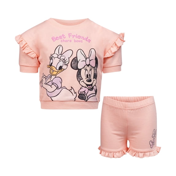 Disney Clothes Baby Girls Front Back 2-Piece Short Outfit Set – Includes Tee & Shorts – Minnie Mouse Peach 12M